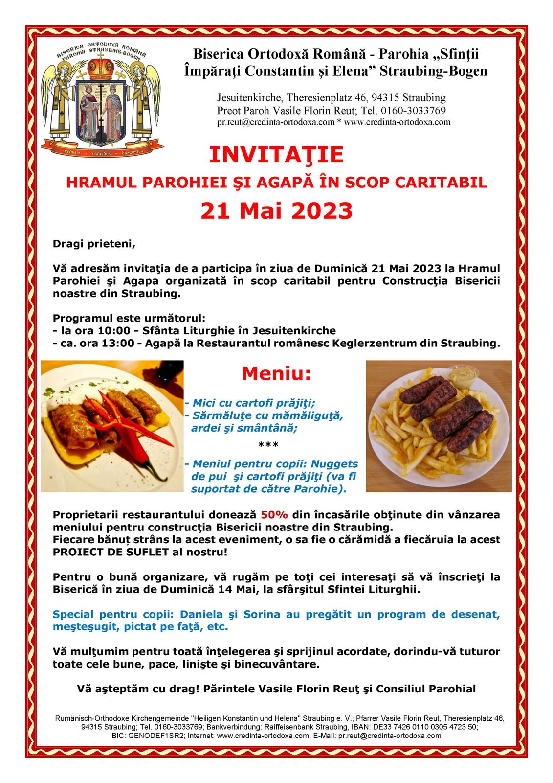 21 Mai 2023: INVITAŢIE la Hramul Parohiei şi Agapă în scop caritabil