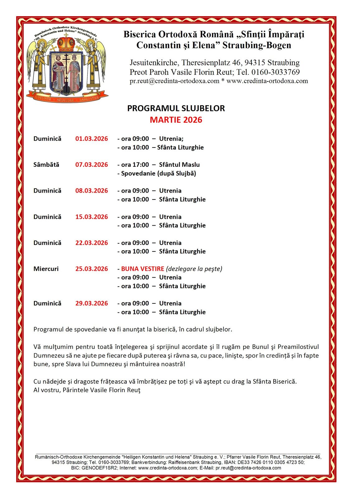 PROGRAM LITURGIC – LUNA MARTIE 2026