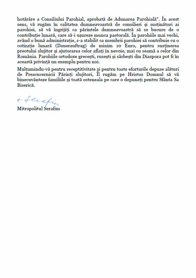 Circulara Inalt Prea Sfintiei Sale Serafim catre Consiliile Parohiale din Arhiepiscopia Germaniei, Austriei si Luxemburgului - Pag.2
