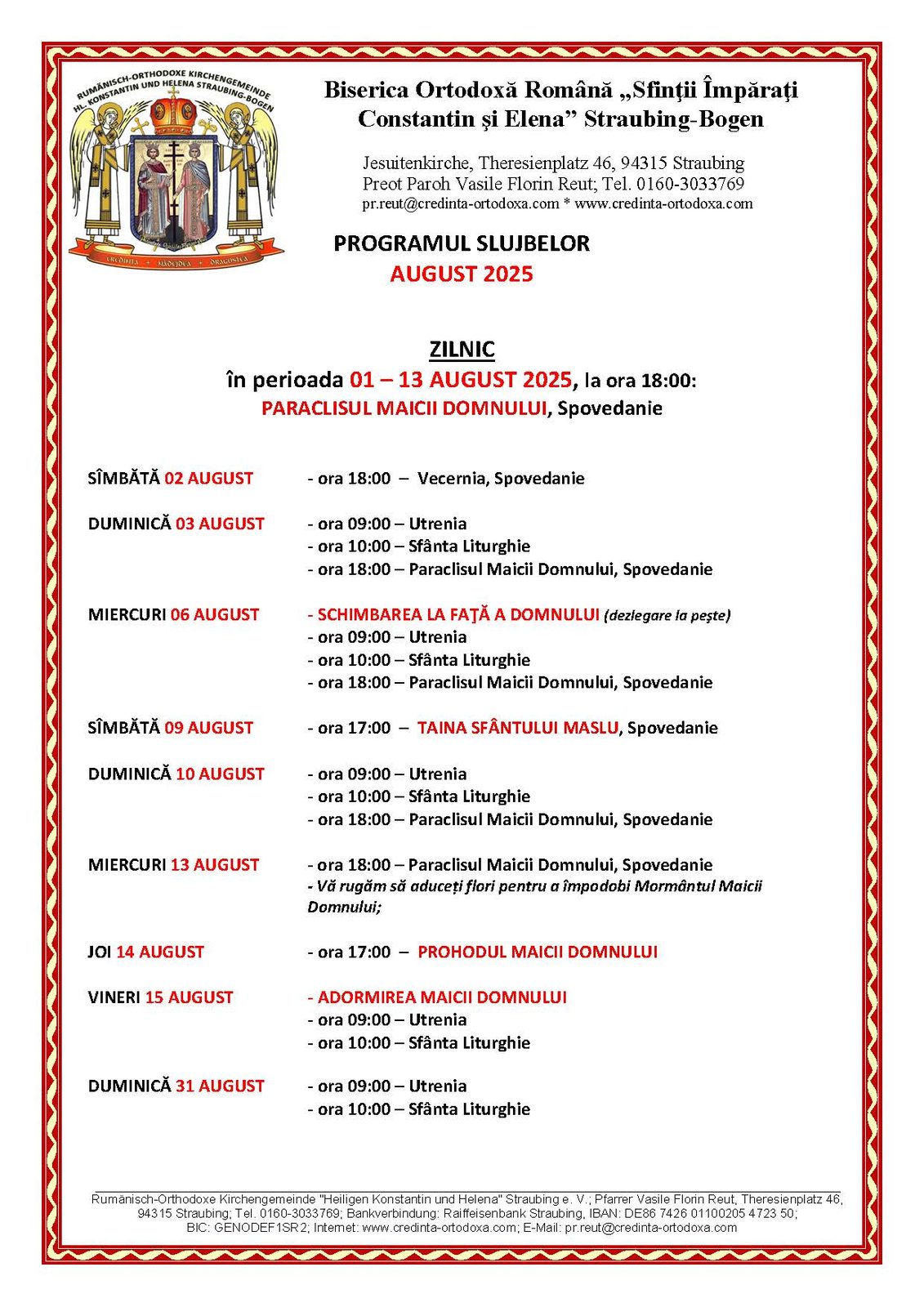 PROGRAMUL LITURGIC – LUNA AUGUST 2025