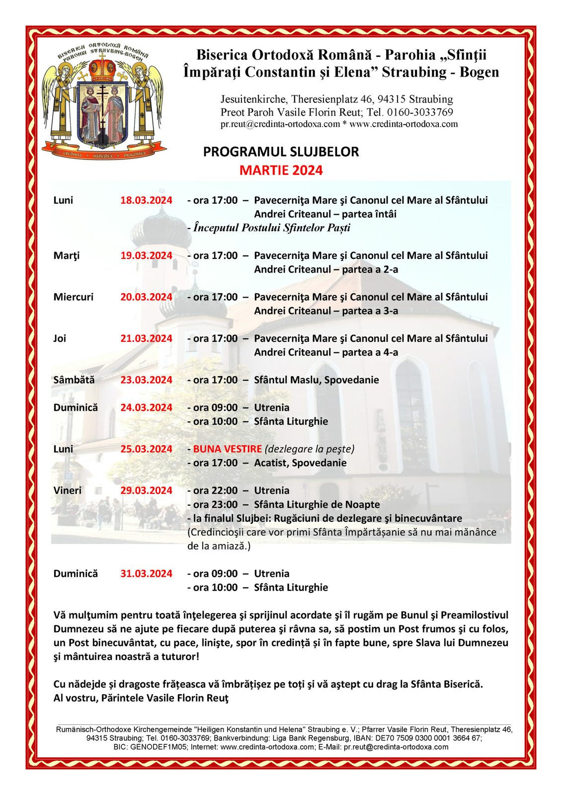 PROGRAM LITURGIC - LUNA MARTIE 2024