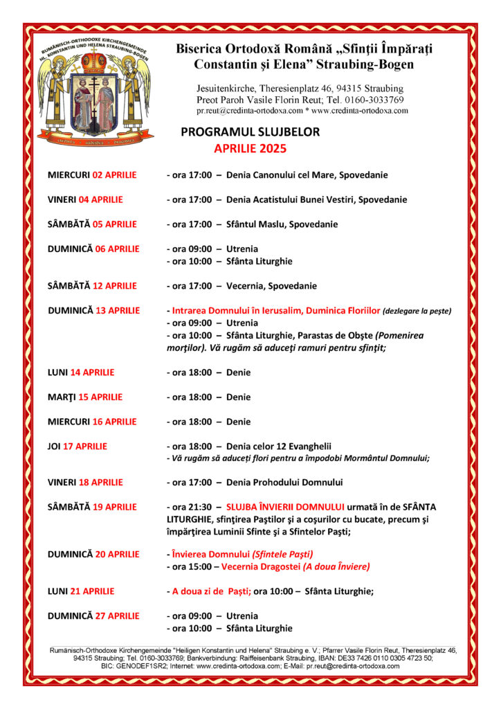PROGRAMUL LITURGIC – LUNA APRILIE 2025