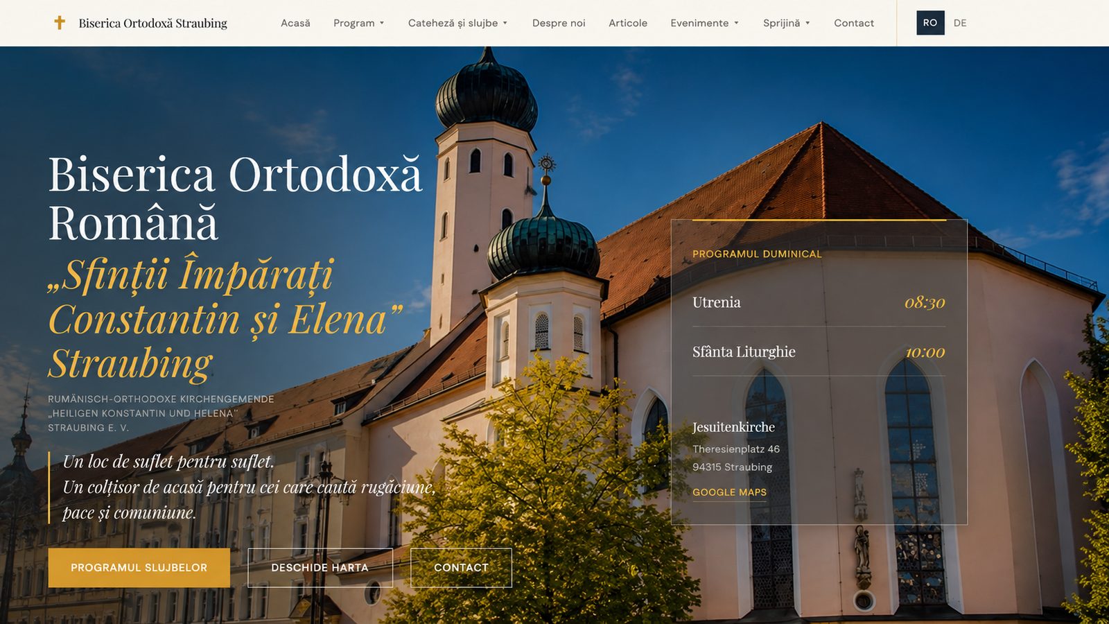 Pagina principală a Bisericii Ortodoxe Române „Sfinții Împărați Constantin și Elena” din Straubing