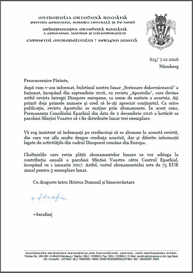 Informare abonamente revista Apostolia