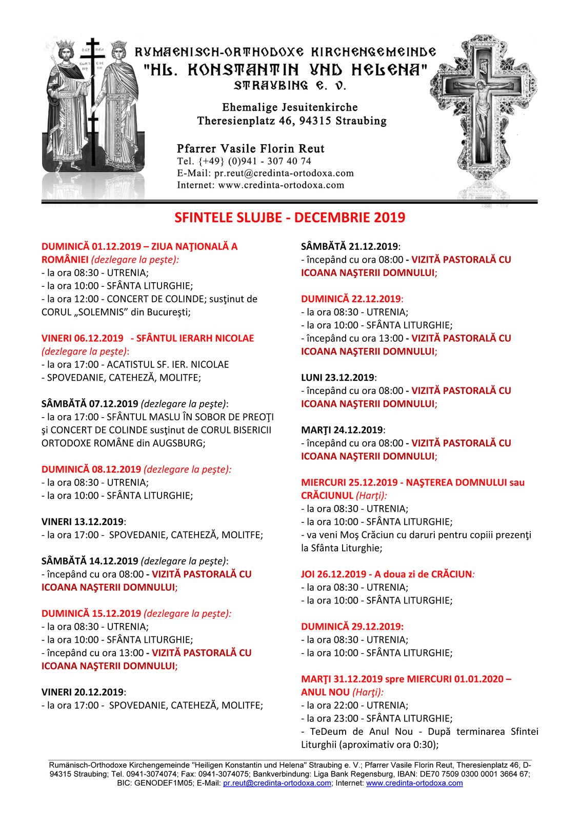 PROGRAMUL SLUJBELOR din LUNA DECEMBRIE 2019 şi PROGRAMUL VIZITELOR PASTORALE 2019-2020
