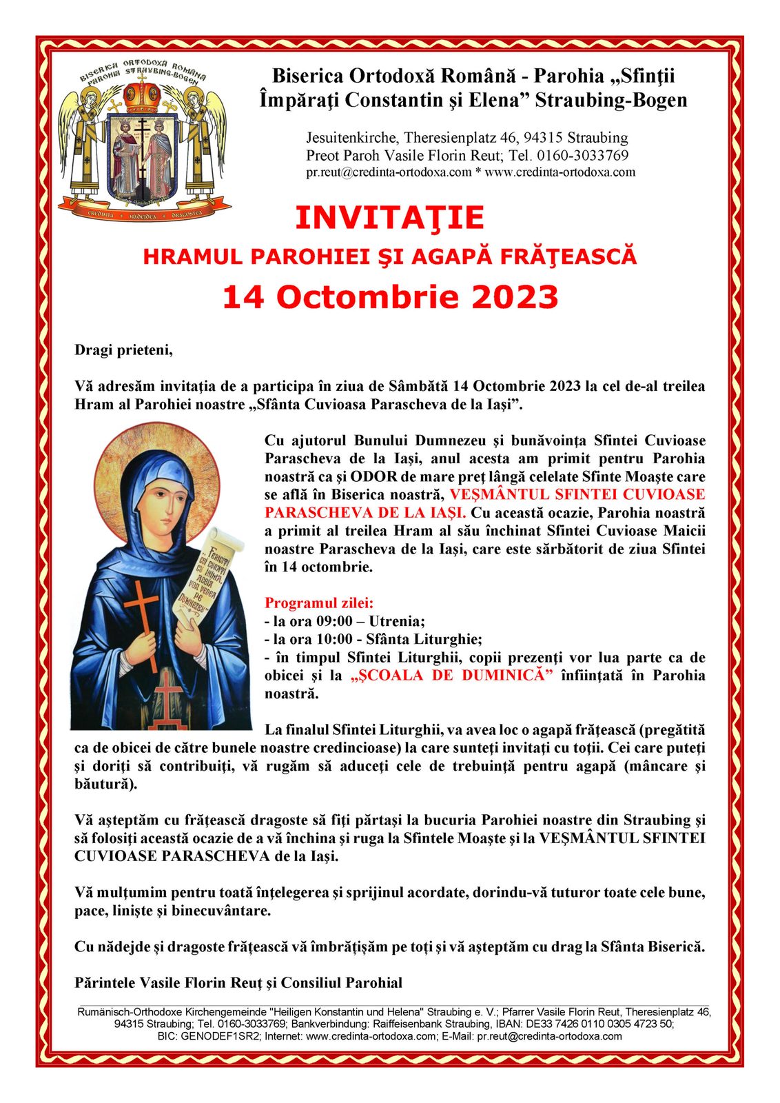 INVITAŢIE la HRAMUL Parohiei Straubing „SFÂNTA CUVIOASĂ PARASCHEVA DE LA IAŞI” – 14.10.2023