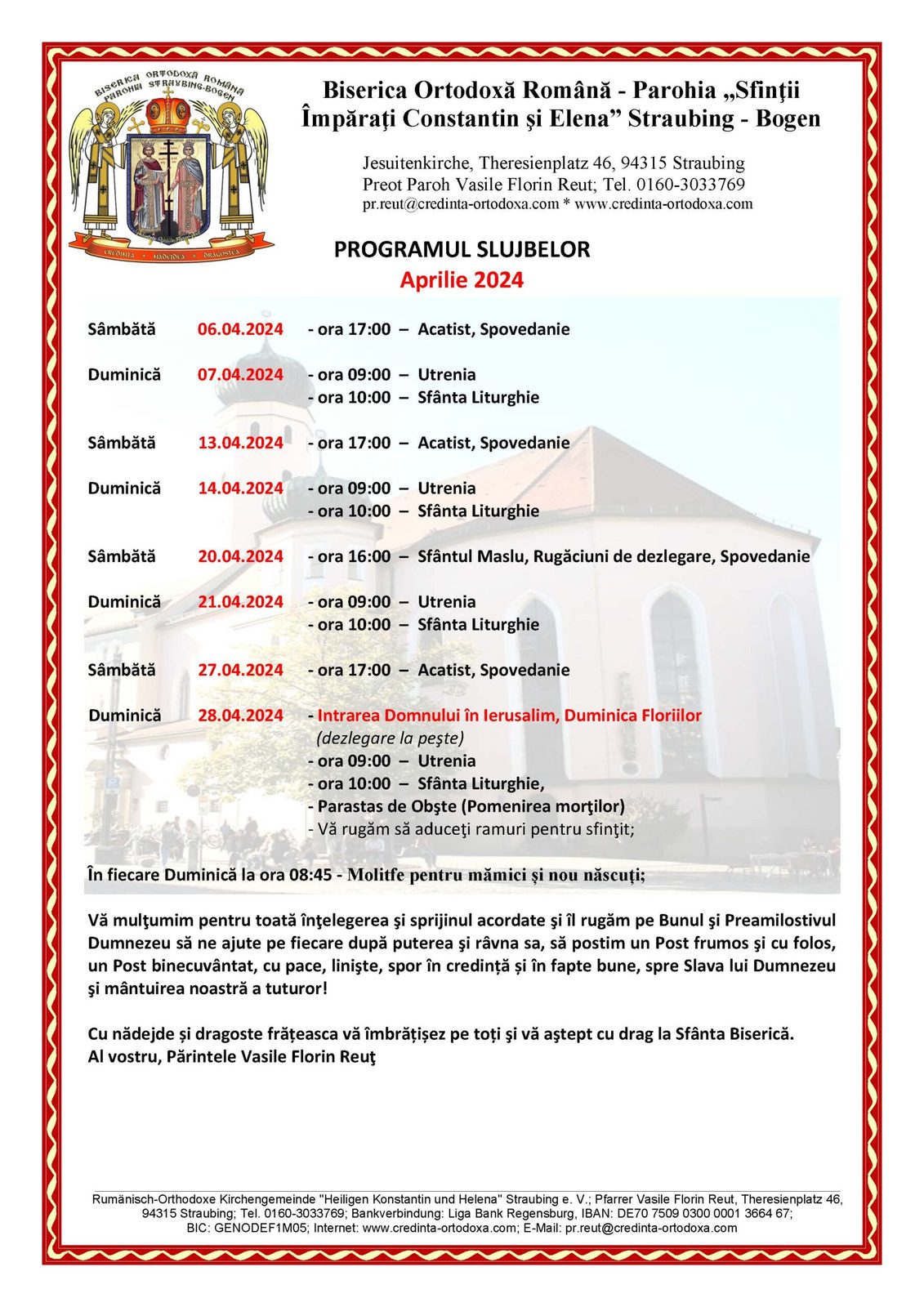 PROGRAM LITURGIC – LUNA APRILIE 2024