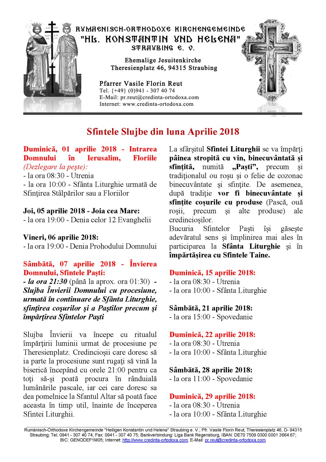 Anunt Sfintele Slujbe de Paşti 2018