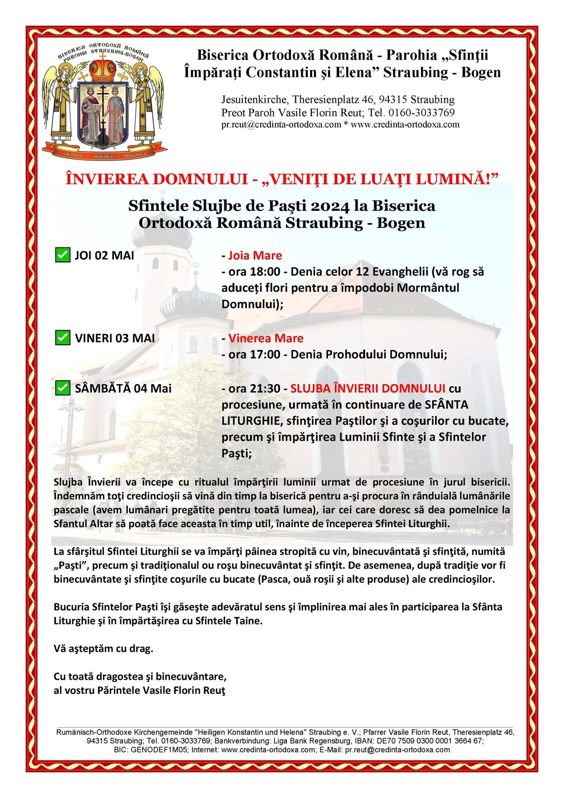 Sfintele Slujbe de Paşti 2024 la Biserica Ortodoxă Română din Straubing - Bogen