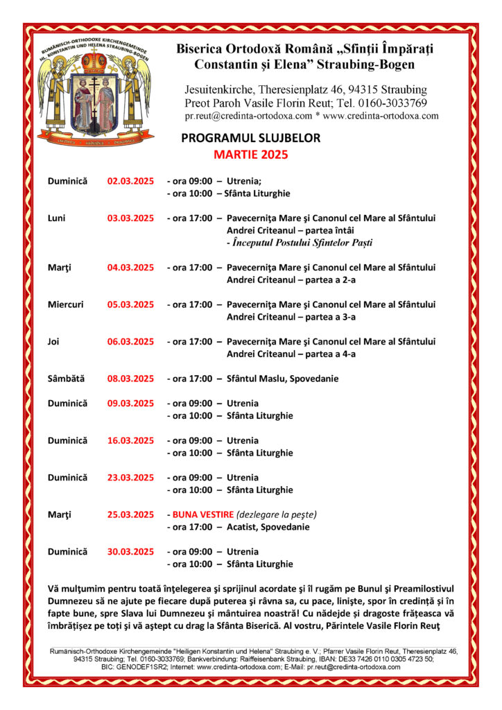 PROGRAMUL LITURGIC – LUNA MARTIE 2025