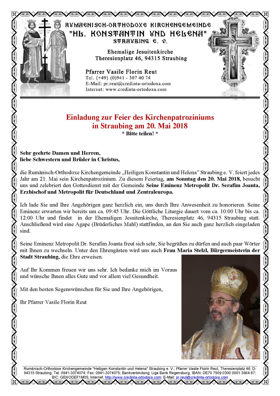 Einladung zur Feier des Kirchenpatroziniums in Straubing am 20. Mai 2018