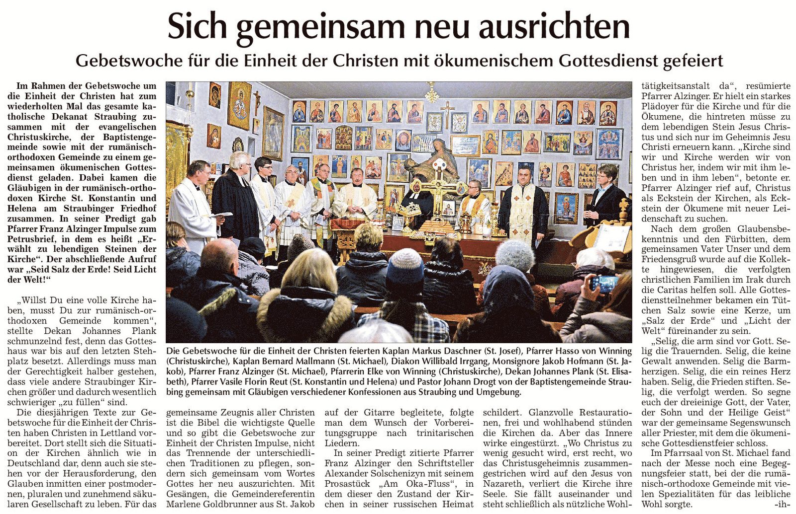 Straubinger Tagblatt: "Gebetswoche für die Einheit der Christen mit ökumenischem Gottesdienst in der rumänisch-orthodoxen Kirche Straubing