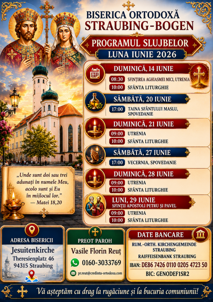 Programul slujbelor – luna iunie 2026 - laBiserica Ortodoxă Straubing-Bogen