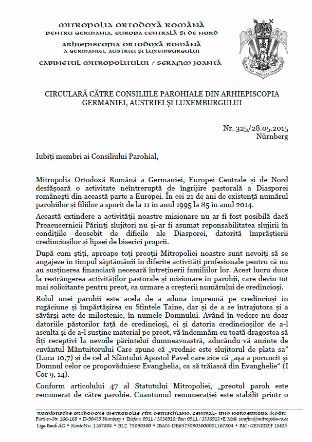 Circulara Inalt Prea Sfintiei Sale Serafim catre Consiliile Parohiale din Arhiepiscopia Germaniei, Austriei si Luxemburgului - Pag.1