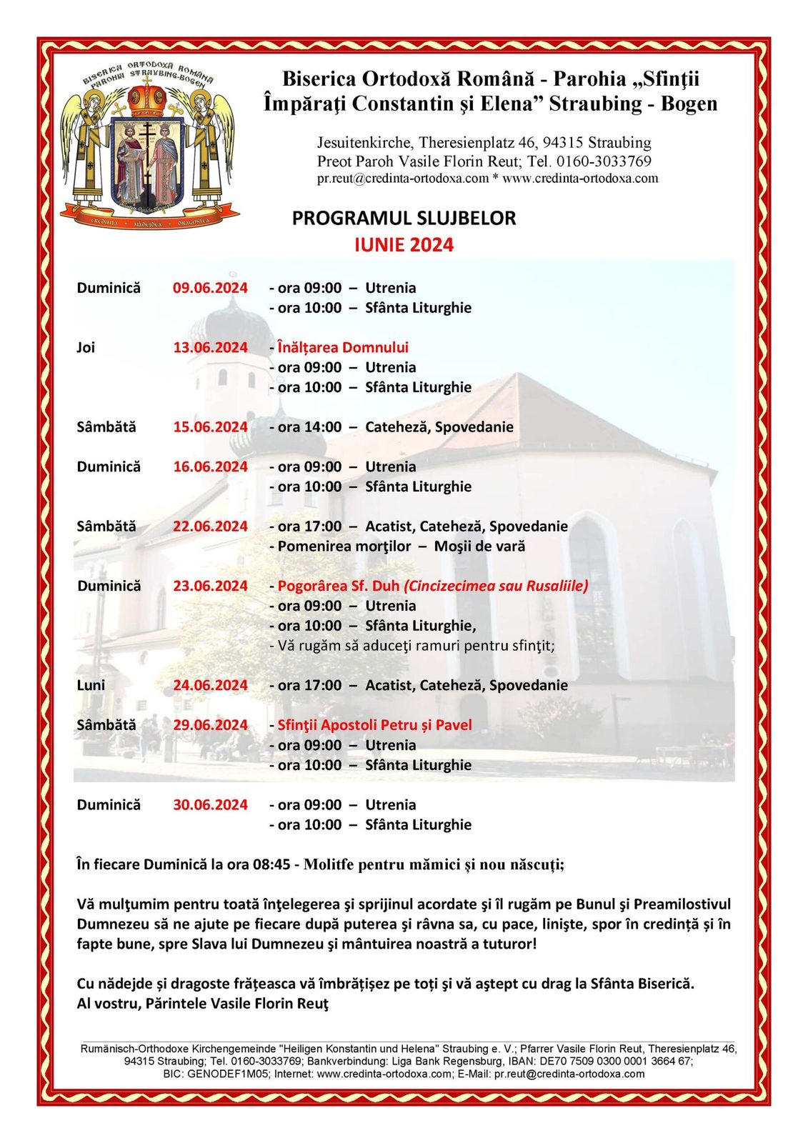 PROGRAM LITURGIC – LUNA IUNIE 2024